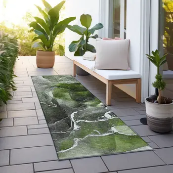 8' Runner Green Abstract Washable Non Skid Indoor Outdoor Runner Rug