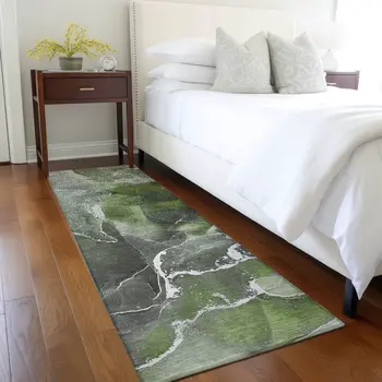 8' Runner Green Abstract Washable Non Skid Indoor Outdoor Runner Rug