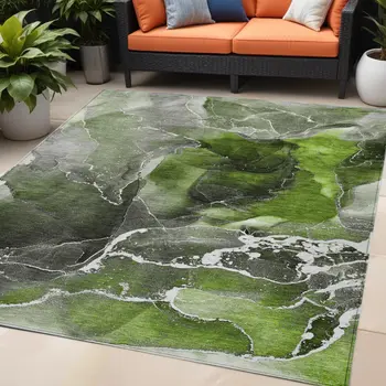 5' X 8' Green Abstract Washable Non Skid Indoor Outdoor Area Rug