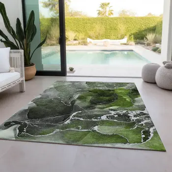 5' X 8' Green Abstract Washable Non Skid Indoor Outdoor Area Rug