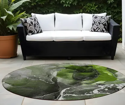 8' Round Green Round Abstract Washable Non Skid Indoor Outdoor Area Rug