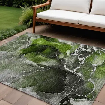 10' X 14' Green Abstract Washable Non Skid Indoor Outdoor Area Rug