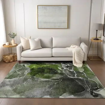 10' X 14' Green Abstract Washable Non Skid Indoor Outdoor Area Rug