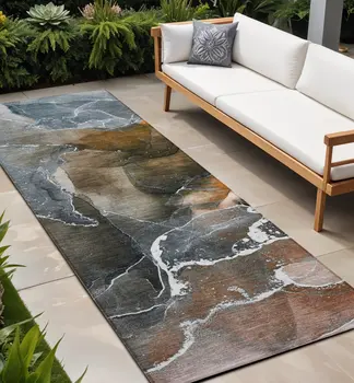 8' Runner Orange Abstract Washable Non Skid Indoor Outdoor Runner Rug