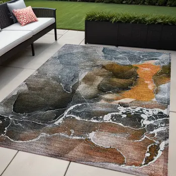 5' X 8' Orange Abstract Washable Non Skid Indoor Outdoor Area Rug