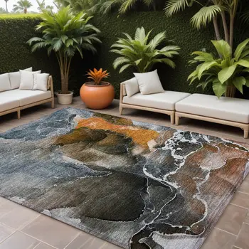 8' X 10' Orange Abstract Washable Non Skid Indoor Outdoor Area Rug