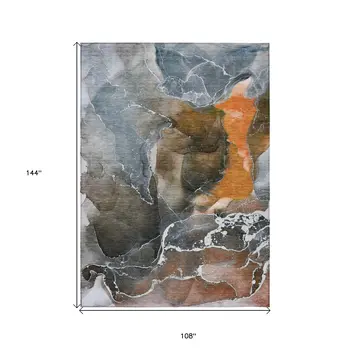 9' X 12' Orange Abstract Washable Non Skid Indoor Outdoor Area Rug