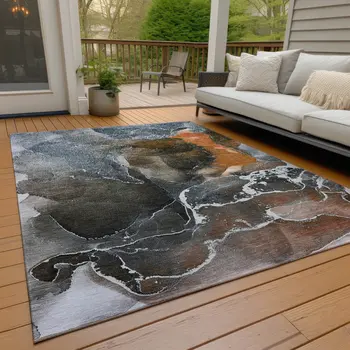 9' X 12' Orange Abstract Washable Non Skid Indoor Outdoor Area Rug
