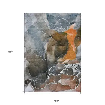 10' X 14' Orange Abstract Washable Non Skid Indoor Outdoor Area Rug