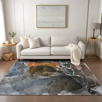 10' X 14' Orange Abstract Washable Non Skid Indoor Outdoor Area Rug