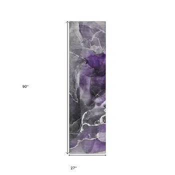 8' Runner Gray and Purple Abstract Washable Non Skid Indoor Outdoor Runner Rug