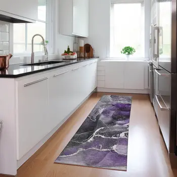 8' Runner Gray and Purple Abstract Washable Non Skid Indoor Outdoor Runner Rug