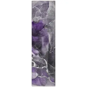 8' Runner Gray and Purple Abstract Washable Non Skid Indoor Outdoor Runner Rug