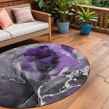 8' Round Gray and Purple Round Abstract Washable Non Skid Indoor Outdoor Area Rug
