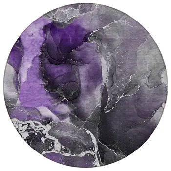 8' Round Gray and Purple Round Abstract Washable Non Skid Indoor Outdoor Area Rug