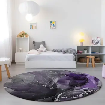 8' Round Gray and Purple Round Abstract Washable Non Skid Indoor Outdoor Area Rug