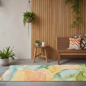8' Runner Blue Abstract Washable Non Skid Indoor Outdoor Runner Rug