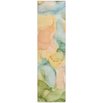 8' Runner Blue Abstract Washable Non Skid Indoor Outdoor Runner Rug