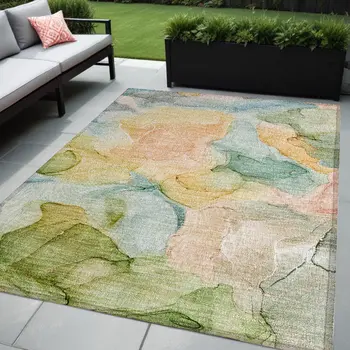 5' X 8' Blue Abstract Washable Non Skid Indoor Outdoor Area Rug
