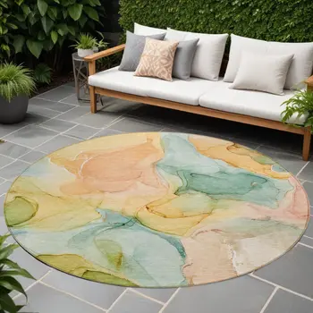 8' Round Blue Round Abstract Washable Non Skid Indoor Outdoor Area Rug