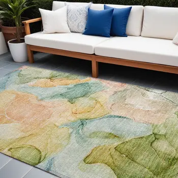 9' X 12' Blue Abstract Washable Non Skid Indoor Outdoor Area Rug