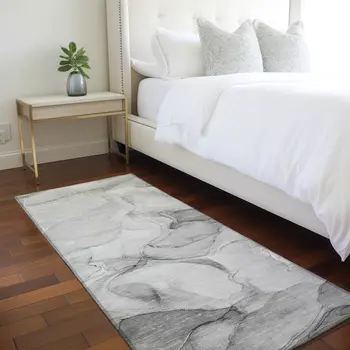 8' Runner Gray Abstract Washable Non Skid Indoor Outdoor Runner Rug