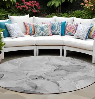 8' Round Gray Round Abstract Washable Non Skid Indoor Outdoor Area Rug