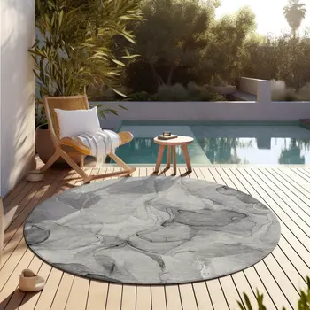 8' Round Gray Round Abstract Washable Non Skid Indoor Outdoor Area Rug