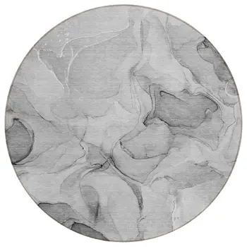 8' Round Gray Round Abstract Washable Non Skid Indoor Outdoor Area Rug