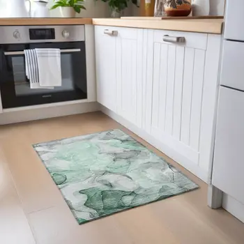 2' X 3' Green Abstract Washable Non Skid Indoor Outdoor Area Rug