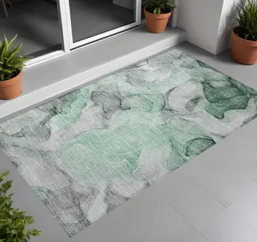 2' X 3' Green Abstract Washable Non Skid Indoor Outdoor Area Rug