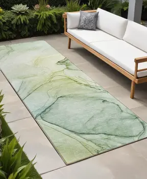 8' Runner Green Abstract Washable Non Skid Indoor Outdoor Runner Rug