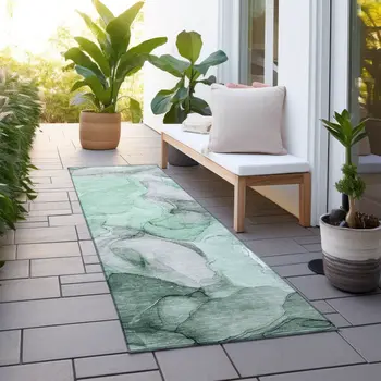 8' Runner Green Abstract Washable Non Skid Indoor Outdoor Runner Rug