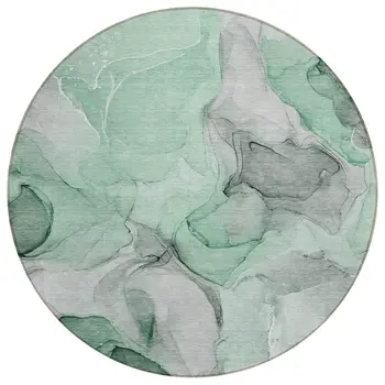 8' Round Green Round Abstract Washable Non Skid Indoor Outdoor Area Rug