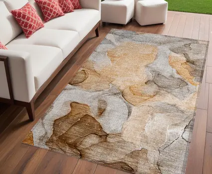 5' X 8' Orange Abstract Washable Non Skid Indoor Outdoor Area Rug