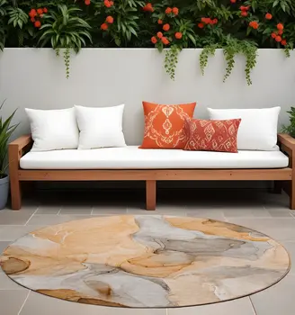 8' Round Orange Round Abstract Washable Non Skid Indoor Outdoor Area Rug
