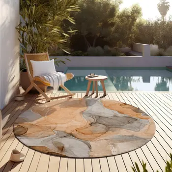 8' Round Orange Round Abstract Washable Non Skid Indoor Outdoor Area Rug
