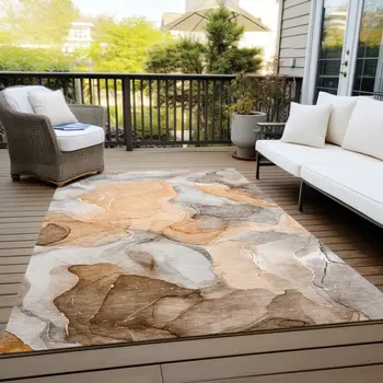 8' X 10' Orange Abstract Washable Non Skid Indoor Outdoor Area Rug