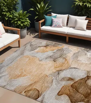 10' X 14' Orange Abstract Washable Non Skid Indoor Outdoor Area Rug