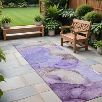 8' Runner Gray and Purple Abstract Washable Non Skid Indoor Outdoor Runner Rug