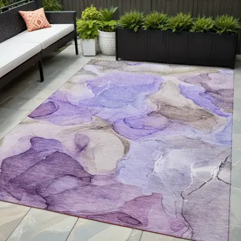5' X 8' Gray and Purple Abstract Washable Non Skid Indoor Outdoor Area Rug