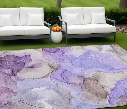 9' X 12' Gray and Purple Abstract Washable Non Skid Indoor Outdoor Area Rug