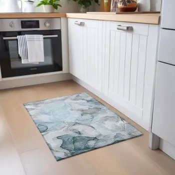 2' X 3' Teal Abstract Washable Non Skid Indoor Outdoor Area Rug