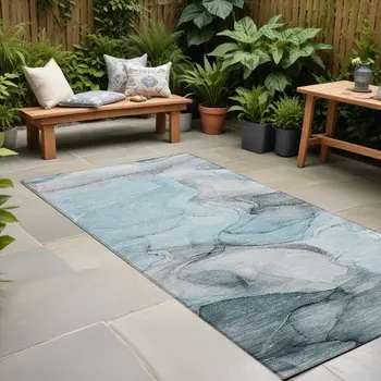 8' Runner Teal Abstract Washable Non Skid Indoor Outdoor Runner Rug