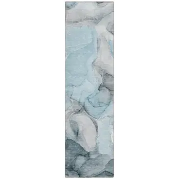 8' Runner Teal Abstract Washable Non Skid Indoor Outdoor Runner Rug