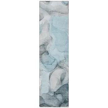 8' Runner Teal Abstract Washable Non Skid Indoor Outdoor Runner Rug