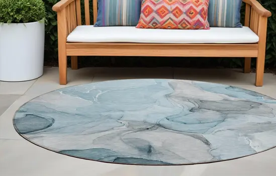 8' Round Teal Round Abstract Washable Non Skid Indoor Outdoor Area Rug