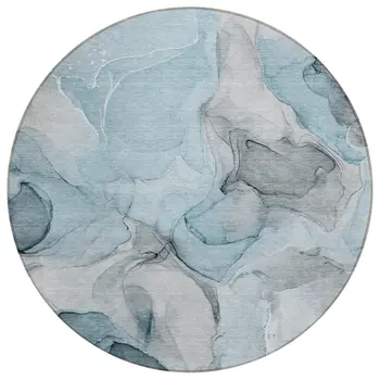 8' Round Teal Round Abstract Washable Non Skid Indoor Outdoor Area Rug