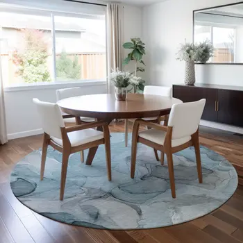 8' Round Teal Round Abstract Washable Non Skid Indoor Outdoor Area Rug