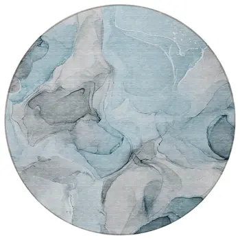 8' Round Teal Round Abstract Washable Non Skid Indoor Outdoor Area Rug